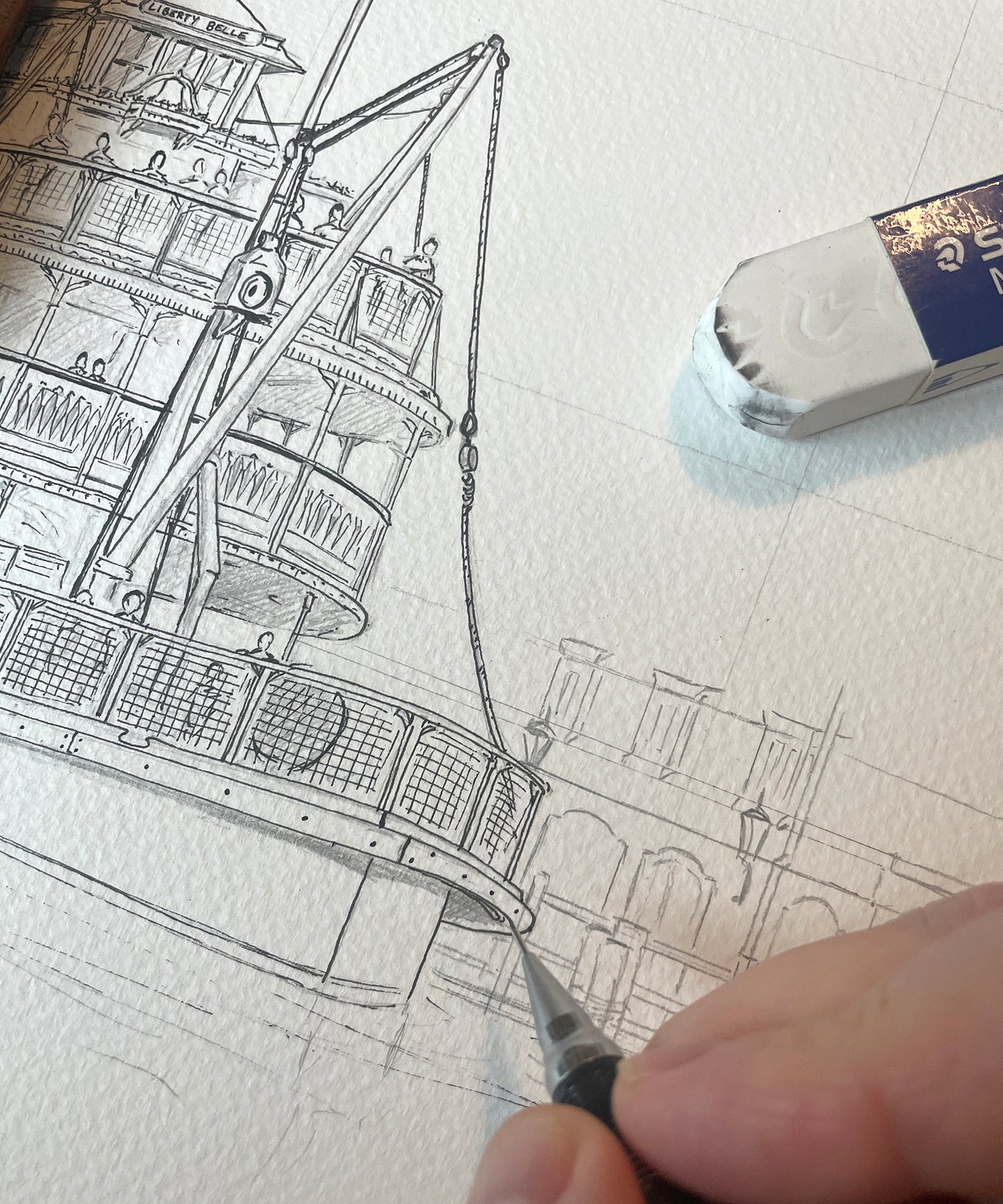 Original LARGE pen & watercolour illustration | Liberty Square Riverboat