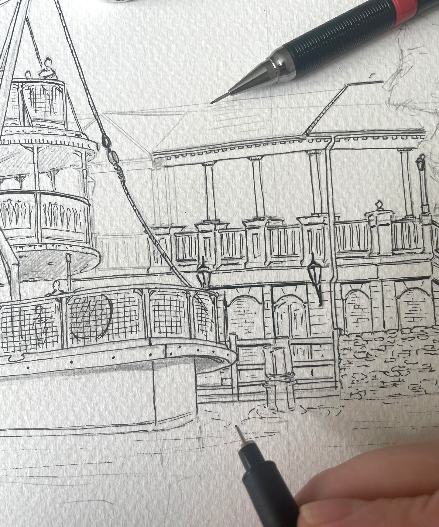 Original LARGE pen & watercolour illustration | Liberty Square Riverboat