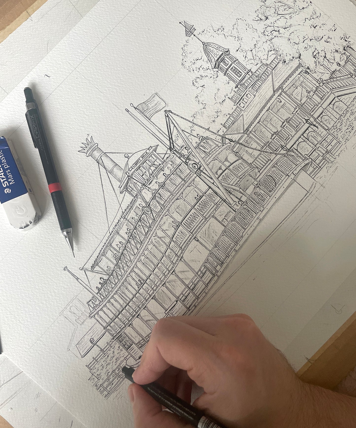 Original LARGE pen & watercolour illustration | Liberty Square Riverboat