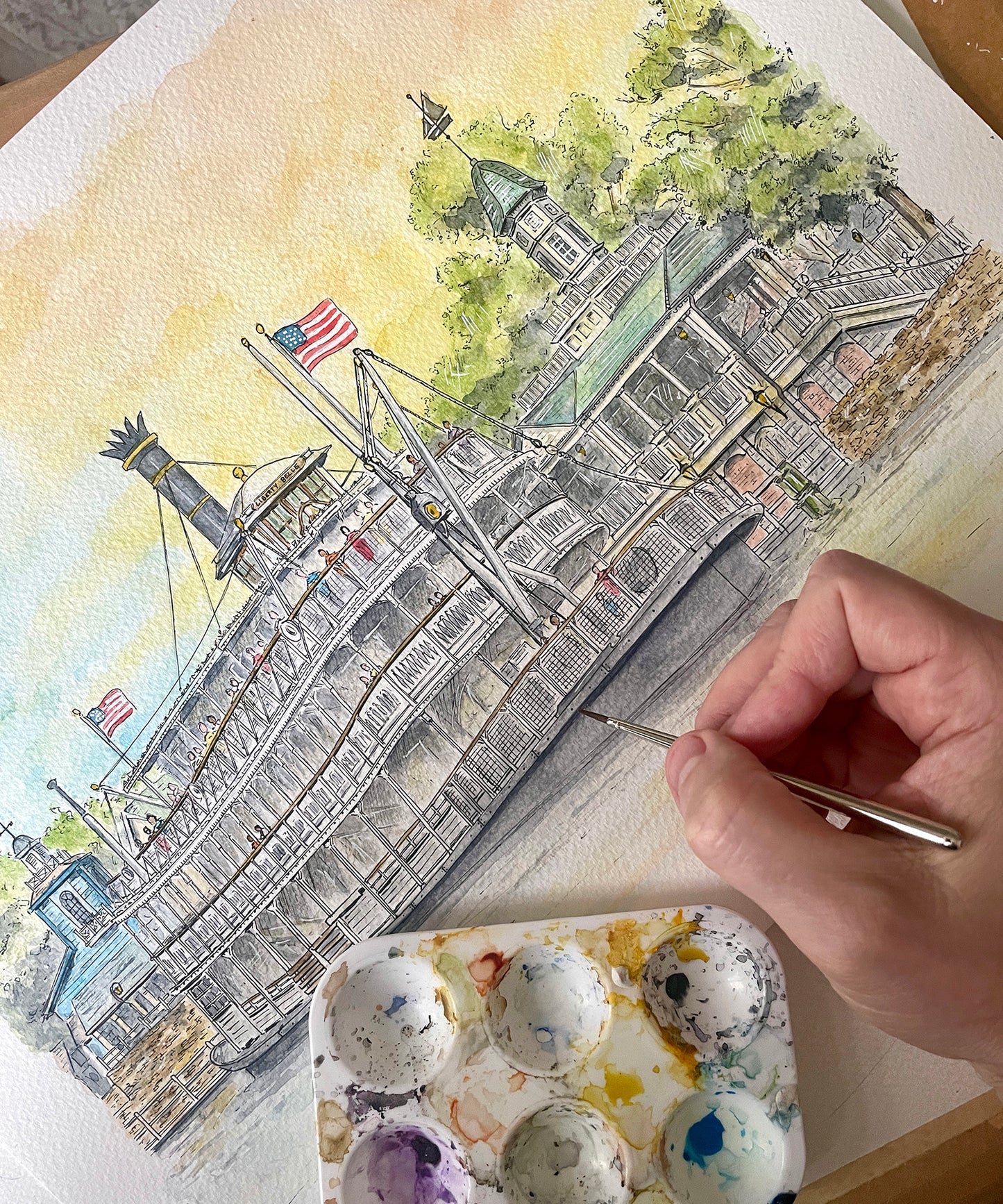 Original LARGE pen & watercolour illustration | Liberty Square Riverboat