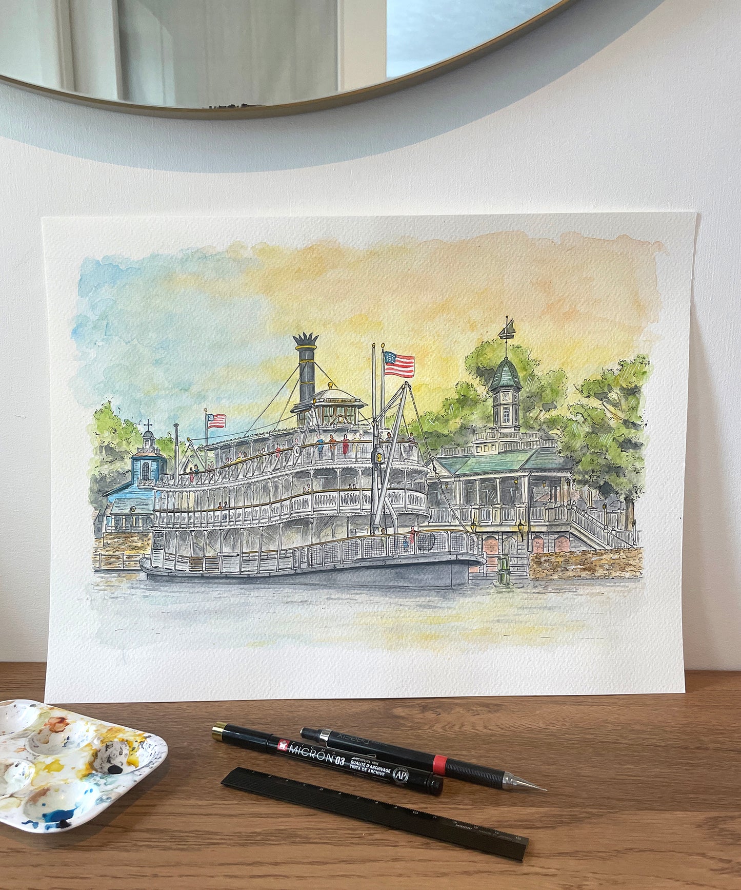 Original LARGE pen & watercolour illustration | Liberty Square Riverboat