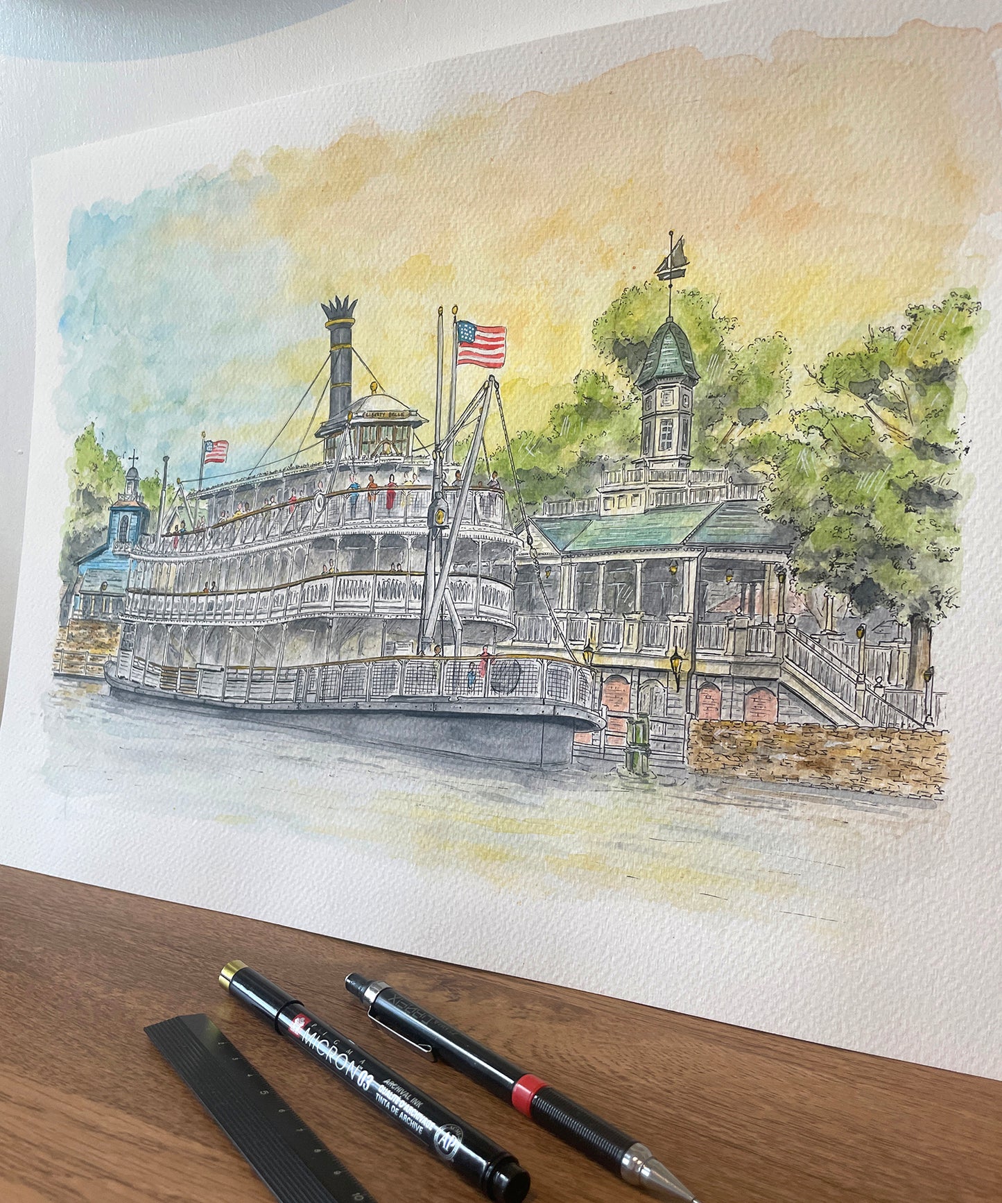 Original LARGE pen & watercolour illustration | Liberty Square Riverboat