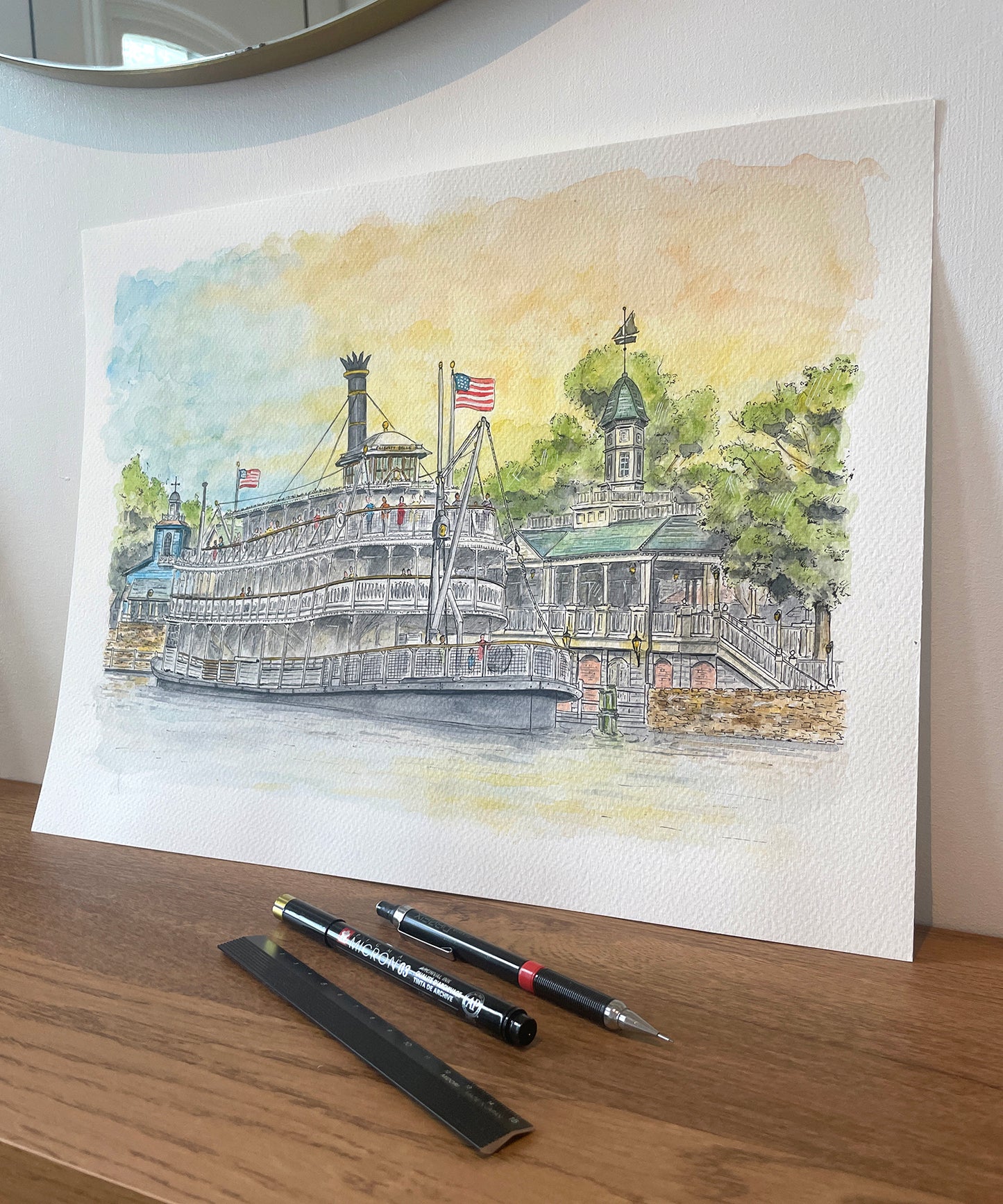 Original LARGE pen & watercolour illustration | Liberty Square Riverboat