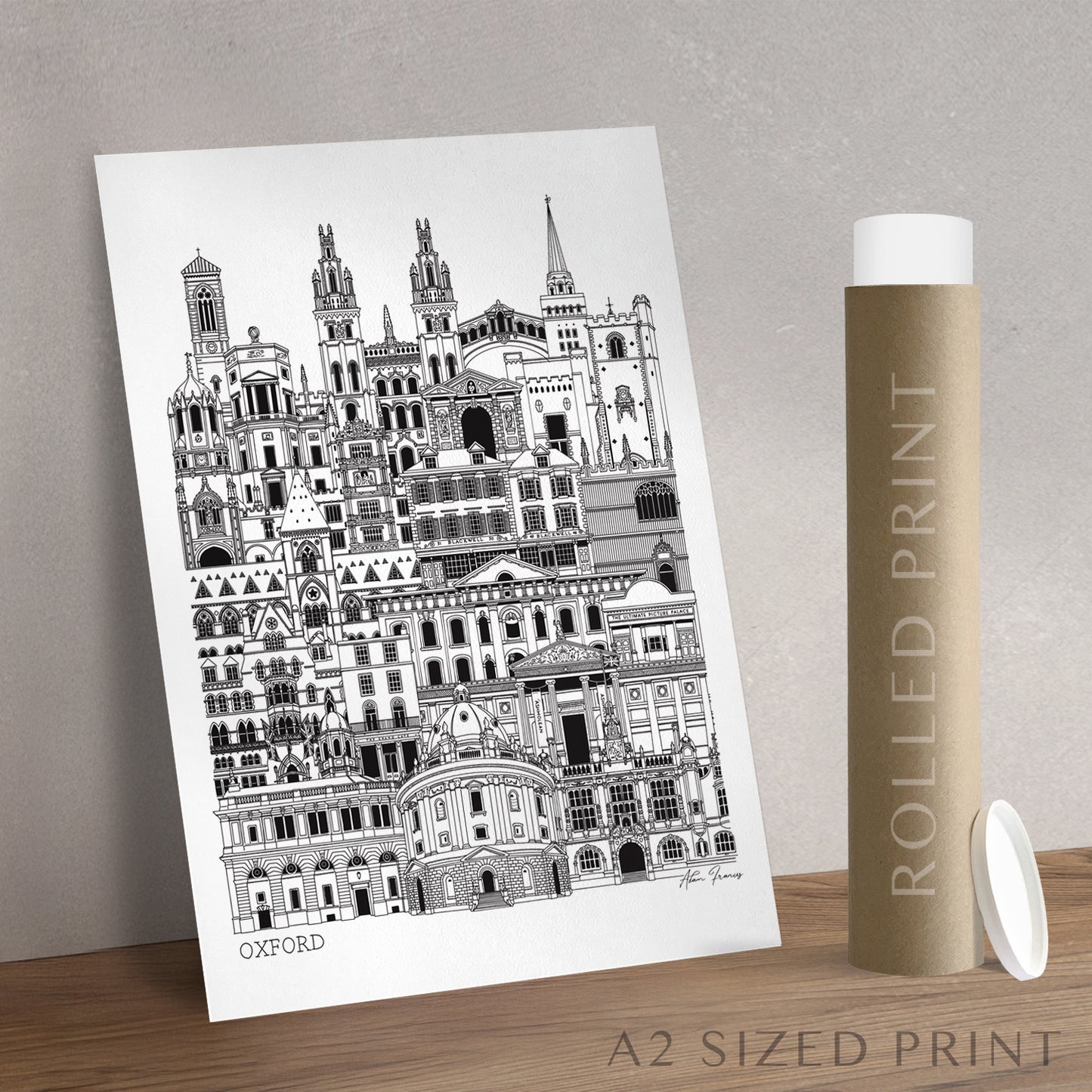 Oxford city art print featuring iconic University of Oxford buildings