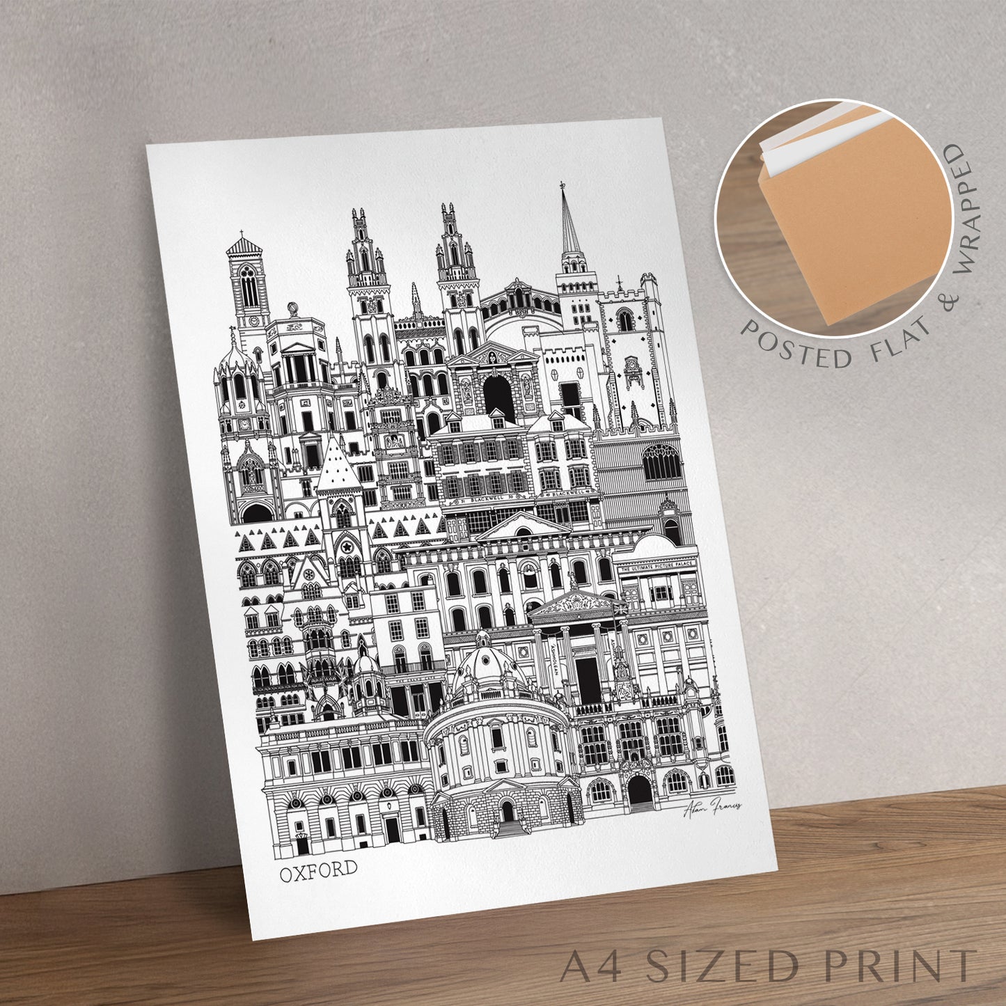 Illustrated Oxford wall art showing historic landmarks
